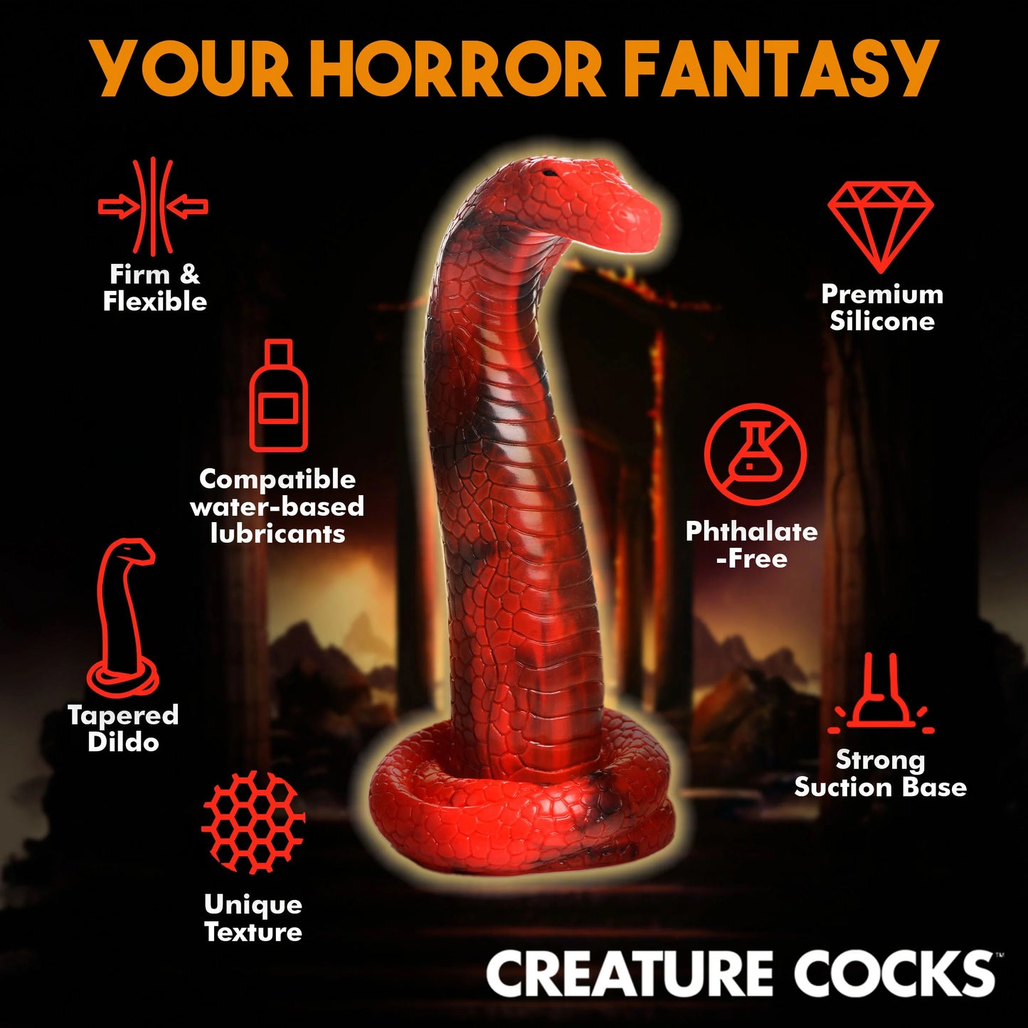 King Cobra King Cobra Silicone Dildo - Red CC-AH196 848518052087 from EdgingWarehouse.com where we sell the best male sex toys and fleshlight type strokers for masturbation, edging and gooning and other men's health and sexual wellness items.