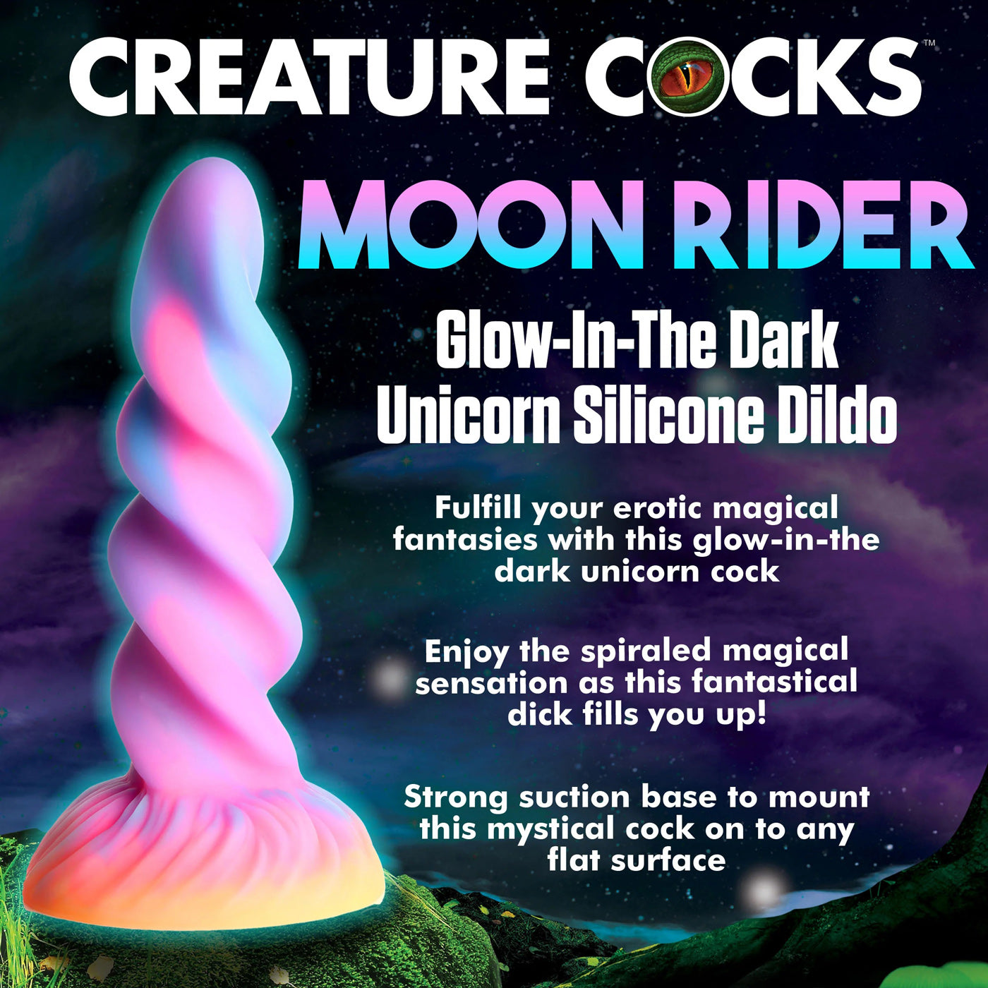 Moon Rider Glow-in-the-Dark Unicorn Dildo CC-AH276 848518053022 from EdgingWarehouse.com where we sell the best male sex toys and fleshlight type strokers for masturbation, edging and gooning and other men's health and sexual wellness items.