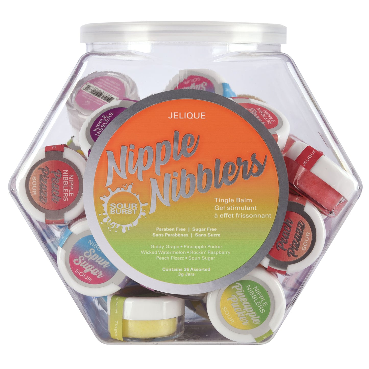 Nipple Nibbler Sour Tingle Balm Assorted - 36 Pc. Bowl - 3g Jar | Jelique Products | JEL2600-99 | 638258902731 from EdgingWarehouse.com and EroticWarehouse.com where we sell the best adult sex toys and fleshlight type strokers for masturbation, edging and
