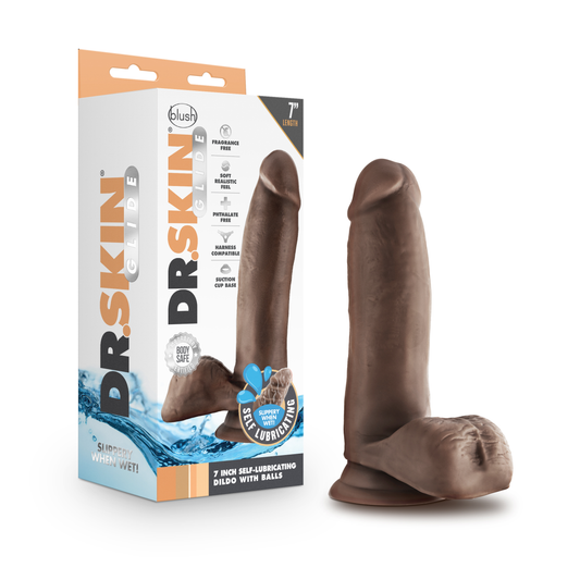 Dr. Skin Glide - 7 Inch Self Lubricating Dildo With Balls - Chocolate | BL-36426