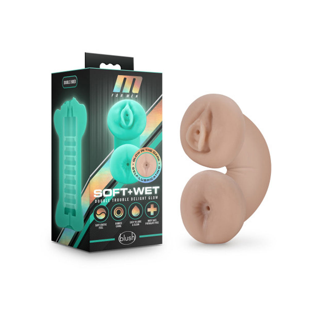 M for Men - Soft and Wet - Double Trouble Glow in the Dark Pussy & Ass Stroker - Vanilla | BL-84033