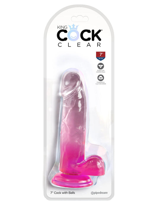 King Cock Clear 7 Inch With Balls - Pink | PD5754-11